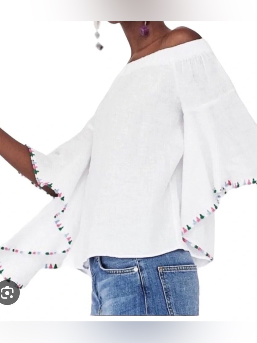Altar’d State Off Shoulder Linen Blend Tassel Bell Sleeve Top Small